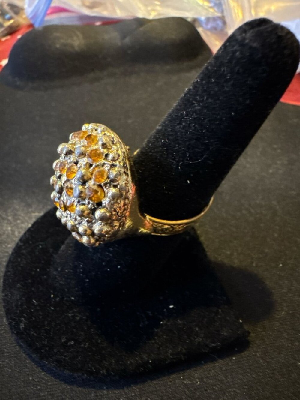 Vintage Adjustable Gold-Tone Cluster Ring With Amber & Clear Rhinestones Floral
